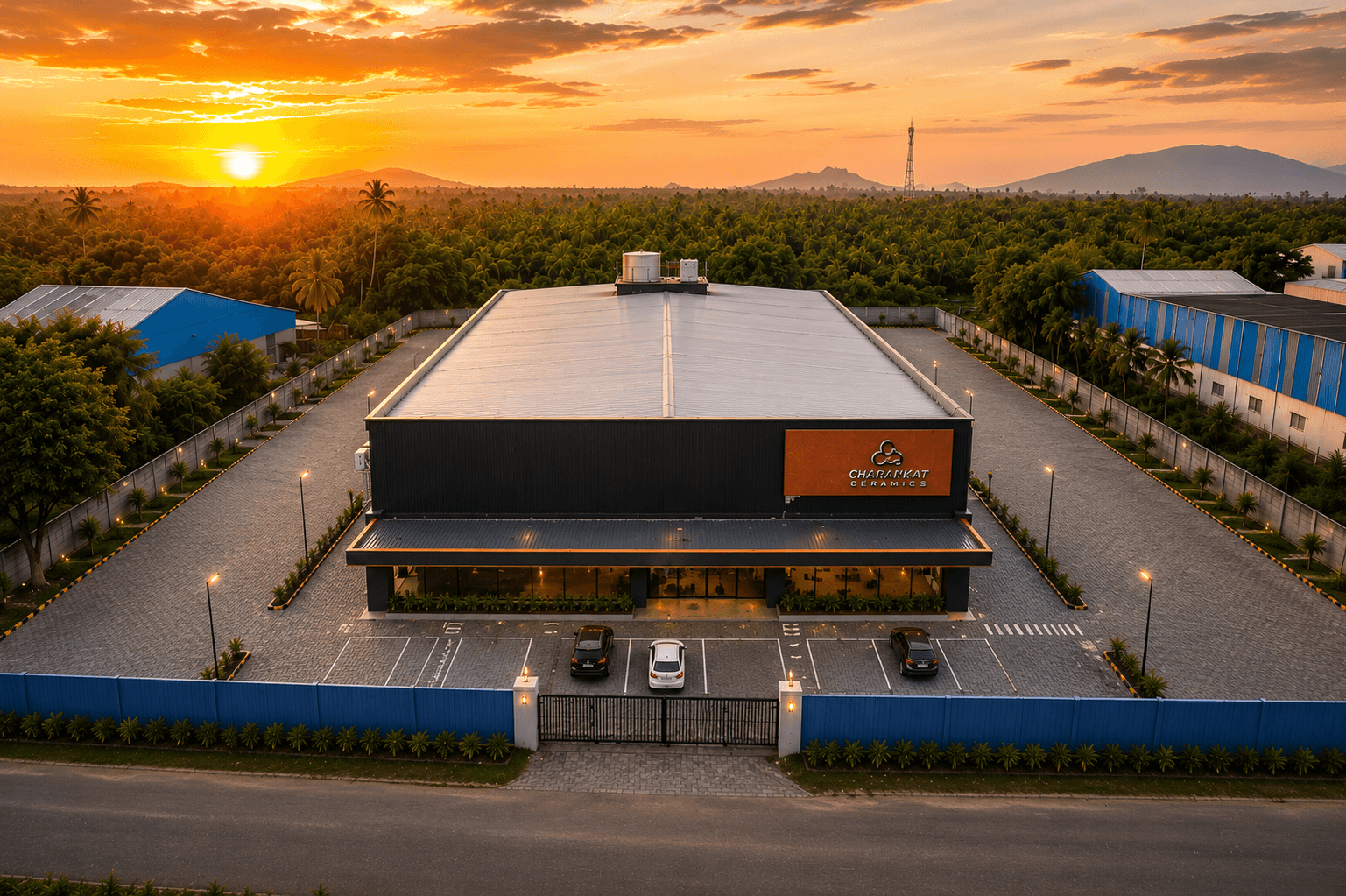 Custom-built industrial facility at dusk